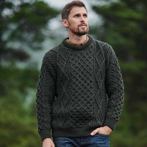 New Aran Made in Ireland Wool Crew Sweater M L XL 2XL Green